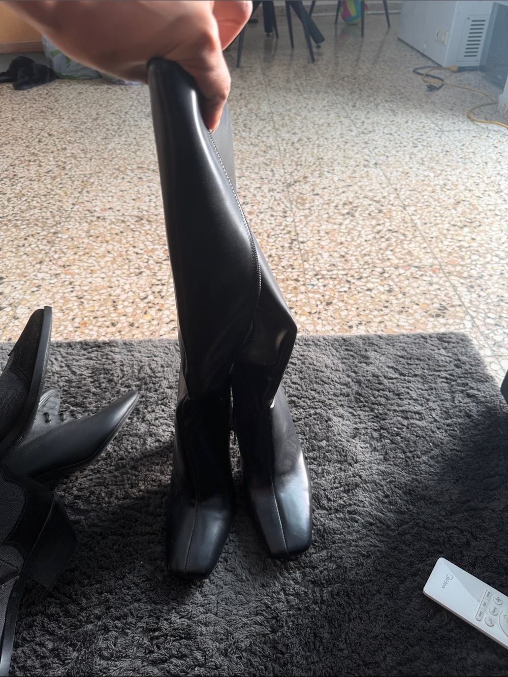 Zara Black Knee-High Square-Toe Leather Boots